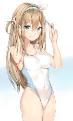 Rule 34 | 1girl, blonde hair, blue eyes, blush, breasts, cameltoe, collarbone, competition swimsuit, covered navel, food, girls&#039; frontline, hair between eyes, hair ornament, hairband, highleg, highleg swimsuit, highres, long hair, looking at viewer, medium breasts, one-piece swimsuit, popsicle, silver (chenwen), simple background, smile, solo, standing, suomi (girls&#039; frontline), swimsuit, white one-piece swimsuit