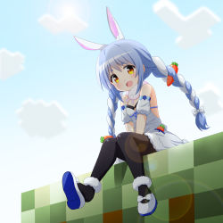 Rule 34 | 1girl, :d, animal ear fluff, animal ears, ankle scrunchie, bare shoulders, between legs, black pantyhose, blue footwear, blue hair, blue sky, blush, bow, braid, carrot, cloud, cloudy sky, dress, extra ears, footwear bow, from below, hair bow, hair over shoulder, hand between legs, highres, hololive, looking at viewer, minecraft, mogura2009, multicolored footwear, multicolored hair, off shoulder, open mouth, pantyhose, rabbit ears, rabbit girl, rabbit tail, scarf, scrunchie, shoe dangle, shoes, short dress, short sleeves, sitting, sky, smile, solo, tail, thick eyebrows, twin braids, usada pekora, usada pekora (1st costume), virtual youtuber, white bow, white dress, white footwear, white hair, white scrunchie, yellow eyes