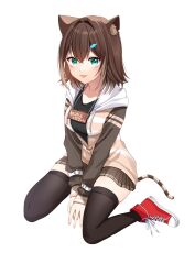 Rule 34 | 1girl, :p, animal ears, between legs, black shirt, black thighhighs, breasts, brown hair, brown skirt, cat ears, cat girl, cat tail, full body, fumino tamaki, green eyes, hand between legs, highres, hood, hood down, hoodie, large breasts, light brown hair, long sleeves, looking at viewer, medium hair, miniskirt, multicolored hair, nijisanji, partially unzipped, pleated skirt, red footwear, revision, shirt, sign, sign around neck, simple background, sitting, skirt, tail, tanaro, thighhighs, tongue, tongue out, two-tone hair, virtual youtuber, wariza, white background