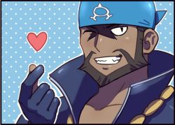 Rule 34 | 1boy, archie (pokemon), bandana, beard, black border, black eyes, blue bandana, blue bodysuit, bodysuit, border, brown hair, chain, chain necklace, chips n cookies, commentary, creatures (company), dark-skinned male, dark skin, diving suit, facial hair, finger heart, game freak, grin, hand up, heart, jewelry, logo, male focus, mustache, necklace, nintendo, one eye closed, pokemon, pokemon oras, polka dot, polka dot background, popped collar, short hair, smile, solo, team aqua, teeth, upper body, wetsuit