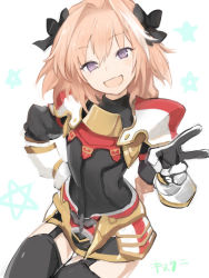Rule 34 | 1boy, armor, astolfo (fate), bad id, bad pixiv id, black thighhighs, blush, braid, cape, fang, fate/apocrypha, fate/grand order, fate (series), garter straps, gauntlets, hair ribbon, highres, kinutani yutaka, long hair, looking at viewer, male focus, open mouth, pink hair, purple eyes, ribbon, single braid, smile, solo, thighhighs, trap, v, white background