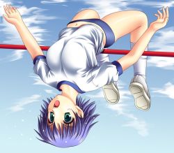 Rule 34 | 00s, 1girl, arched back, bad tag, cloud, day, game cg, gym uniform, high jump, midriff, mitsumi misato, navel, open mouth, playing sports, sky, solo, sweat, to heart (series), to heart 2, tonami yuma, track and field, upside-down