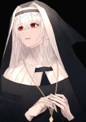 Rule 34 | 1girl, absurdres, arknights, black background, black capelet, black dress, black headwear, black sweater, capelet, chain necklace, cloak, closed mouth, dress, habit, hair between eyes, highres, hisamichi (hisamichi1373), jewelry, long hair, looking away, necklace, nun, red eyes, ribbed sweater, silver hair, simple background, solo, specter (arknights), sweater, upper body