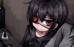 Rule 34 | 1girl, black bow, black eyes, black hair, black shirt, bow, commentary request, dress, electrical outlet, eyepatch, frilled shirt, frilled shirt collar, frills, fukasugi aiko, gradient background, heart, heart-shaped pupils, leaning on person, lipgloss, looking to the side, original, ray-k, shirt, short hair, smile, solo focus, symbol-shaped pupils, yandere
