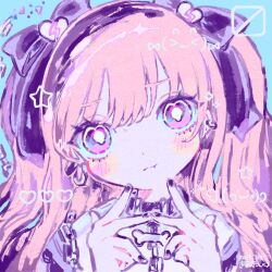 Rule 34 | 1girl, black collar, black nails, black ribbon, blue background, blush, bone, bright pupils, chain, closed mouth, collar, dated, hair ribbon, hands up, heart, highres, kiato, long hair, looking at viewer, nail polish, original, pink hair, portrait, pout, ribbon, signature, solo, two side up, upper body, white pupils