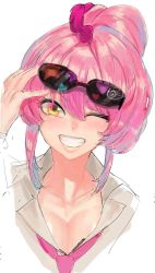 Rule 34 | 1girl, :d, bad id, bad twitter id, breasts, cleavage, eyewear on head, hand up, idolmaster, idolmaster cinderella girls, jougasaki mika, necktie, one eye closed, open mouth, pink hair, pink necktie, simple background, smile, solo, suisogenshi, sunglasses, white background, yellow eyes