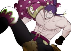 Rule 34 | 1boy, abs, arched back, armor, bara, burn scar, charlotte cracker, feet out of frame, from above, gloves, highres, liliiliillj, looking at viewer, lying, male focus, muscular, muscular male, on back, one piece, pauldrons, pectorals, purple hair, sanpaku, scar, shoulder armor, simple background, single pauldron, solo, spread legs, topless male, tsurime