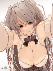 Rule 34 | 1girl, armpit cutout, blush, breasts, brown eyes, cleavage, cleavage cutout, closed mouth, clothing cutout, conte di cavour (kancolle), corset, dress, frilled dress, frills, fuwafuwatoufu, grey dress, highres, kantai collection, large breasts, layered dress, long hair, long sleeves, looking at viewer, looking down, silver hair, twitter username, two-tone dress, two side up, white background, white dress
