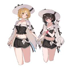 Rule 34 | 2girls, absurdres, black hair, black shorts, blonde hair, breasts, brown eyes, djeeta (granblue fantasy), granblue fantasy, hair ribbon, hat, highres, holding hands, jacket, jacket on shoulders, medium breasts, multiple girls, navel, red eyes, ribbon, shiro wa (shiroshironix), shorts, vikala (granblue fantasy), white background, white hat