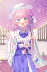 1girl absurdres blue_bow blue_bowtie blush bow bowtie braid collar crescent_print erunoto flower frilled_collar frilled_kimono frilled_sleeves frills green_eyes hair_bow hair_flower hair_ornament hair_ribbon hakama hakama_skirt hands_up hat hat_bow heterochromia highres himemori_luna himemori_luna_(6th_costume) holding hololive japanese_clothes kimono layered_skirt long_skirt long_sleeves official_alternate_costume oil-paper_umbrella open_mouth pink_hair print_hakama purple_eyes ribbon short_hair side_braid single_braid skirt smile star_(symbol) star_print umbrella virtual_youtuber white_hat wide_sleeves