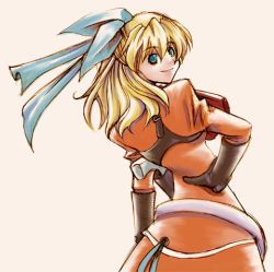 Rule 34 | 1girl, blonde hair, blue eyes, bow, dress, from behind, gloves, hair ribbon, half updo, hand on own hip, hip focus, lowres, maya schrodinger, orange dress, ribbon, short hair, simple background, smile, solo, verden, white background, wild arms, wild arms 3
