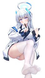 Rule 34 | 1girl, absurdres, blue archive, blue necktie, blush, breasts, collared shirt, formal, full body, grey hair, halo, highres, id card, jacket, large breasts, long hair, looking at viewer, mechanical halo, miniskirt, necktie, noa (blue archive), open clothes, open jacket, panties, pantyshot, pleated skirt, purple eyes, reneua, shirt, sidelocks, simple background, skirt, suit, thighhighs, two-sided fabric, two-sided jacket, underwear, very long hair, white panties, white shirt, white suit, white thighhighs