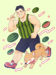 Rule 34 | 1boy, absurdres, bara, black shorts, bulge, daisukebear, dog, food, food print, fruit, fruit background, full body, green tank top, grin, highres, index finger raised, looking at viewer, male focus, muscular, muscular male, original, pectoral cleavage, pectorals, running, shiba inu, shoes, short hair, shorts, sideburns, sidepec, smile, solo, tank top, undercut, watermelon, watermelon print