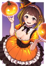 Rule 34 | 1girl, :d, absurdres, black hat, black ribbon, blush, boku no hero academia, breasts, brown corset, brown eyes, brown hair, cleavage, commentary, corset, dress, english commentary, food, frilled dress, frills, hat, highres, holding, holding food, holding pumpkin, holding vegetable, kobaji, large breasts, medium hair, mini hat, mini witch hat, neck ribbon, open mouth, orange dress, puffy short sleeves, puffy sleeves, pumpkin, purple nails, ribbon, short sleeves, sidelocks, smile, solo, teeth, upper teeth only, uraraka ochako, vegetable, witch hat