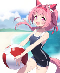 Rule 34 | 1girl, :d, absurdres, animal ears, ball, bandaid, bandaid on arm, bandaid on leg, beach, beachball, blue one-piece swimsuit, blush, bow, breasts, child (isoliya), cloud, cloudy sky, commentary, cowboy shot, ear bow, hair bow, hair intakes, hairband, haru urara (umamusume), highres, holding, holding ball, horse ears, horse girl, horse tail, looking at viewer, one-piece swimsuit, open mouth, outdoors, pink eyes, pink hair, red hairband, sky, small breasts, smile, solo, sweat, swimsuit, tail, teeth, thighs, umamusume, upper teeth only, white bow