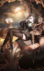 Rule 34 | 1girl, absurdres, animal ears, arknights, ascot, black coat, black thighhighs, book, braid, brown hair, coat, commentary, english commentary, full body, full moon, gold trim, hair ornament, hammer, hand up, highres, in tree, moon, mountainous horizon, open book, outdoors, penance (arknights), ponytail, ribiadan, sitting, sitting in tree, solo, swept bangs, tail, thighhighs, thorns, tree, white ascot, wolf ears, wolf girl, wolf tail