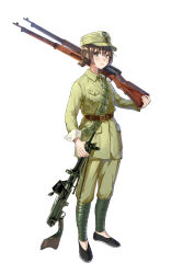 Rule 34 | 1girl, absurdres, belt, black footwear, blush, breasts, brown belt, brown hair, chinese commentary, closed mouth, collared jacket, flat cap, flats, full body, green hat, green jacket, green pants, gun, hat, highres, holding, holding gun, holding weapon, jacket, kuomintang, long sleeves, looking at viewer, low ponytail, military, military jacket, military uniform, national revolutionary army, original, over shoulder, pants, puttee, short hair, short ponytail, simple background, small breasts, smile, solo, tuziki sang, uniform, weapon, weapon over shoulder, weapon request, white background, yellow eyes