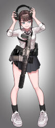 1girl :&gt; aac_honey_badger absurdres aqua_eyes assault_rifle belt black_necktie black_skirt black_socks breast_pocket brown_hair buckle closed_mouth collared_shirt commentary_request ear_protection earphones fila full_body grey_background gun gun_sling handgun highres holding holding_earphones holster holstered load_bearing_equipment logo looking_to_the_side magazine_(weapon) necktie nyo551 optical_sight original pleated_skirt pocket product_placement rifle shirt shoes short_hair sidelocks simple_background skirt snap-fit_buckle sneakers socks solo suppressor thighs weapon white_footwear white_shirt