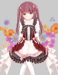 Rule 34 | 1girl, blush, brown hair, closed mouth, commentary, dress, feet out of frame, flower, green eyes, grey background, hair ribbon, highres, knees together feet apart, layered dress, long hair, long sleeves, looking at viewer, original, pantyhose, pink ribbon, ribbon, sidelocks, smile, solo, split mouth, tiramisu651, twintails, white dress, white pantyhose