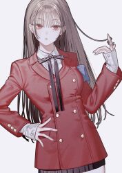 Rule 34 | 1girl, black bow, black bowtie, black skirt, bow, bowtie, brown hair, buttons, closed mouth, collared shirt, cowboy shot, eyelashes, hand on own hip, hand up, highres, jacket, long hair, long sleeves, looking at viewer, nanoka san, original, pleated skirt, red eyes, red jacket, shirt, simple background, skirt, solo, twirling hair, white background, white shirt
