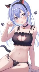 Rule 34 | absurdres, alternate costume, animal collar, animal ears, arm support, bell, bikini, black bikini, blue hair, blush, breasts, cat cutout, cat ears, cat tail, cleavage, cleavage cutout, clothing cutout, collar, collarbone, commentary, dated, fake animal ears, fake tail, feet out of frame, highres, idolmaster, idolmaster shiny colors, looking at viewer, masuku (saint mask), medium breasts, navel, neck bell, paw print, side-tie bikini bottom, simple background, sitting, smile, stomach, straight hair, suzuki hana, swimsuit, tail, white background