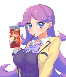 Rule 34 | 10s, 1girl, bad id, bad pixiv id, blazer, blue eyes, blush, bow, breasts, cardigan, closed mouth, collared shirt, commentary request, food, food in mouth, highres, jacket, kiratto pri chan, large breasts, long hair, looking at viewer, mouth hold, nitro (mugityaoisii), open jacket, open clothes, open jacket, pocky, pretty series, purple bow, purple cardigan, purple hair, shido mel, shirt, simple background, solo, upper body, very long hair, white background, white shirt, yellow jacket