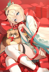 Rule 34 | 1girl, blonde hair, blue eyes, blue skirt, box, closed eyes, closed mouth, cowengium, crossed bangs, eyelashes, feet out of frame, gift, grey skirt, hair between eyes, hair ornament, haori, heart, heart-shaped box, highres, hololive, japanese clothes, kazama iroha, leaf hair ornament, looking at viewer, lying, miniskirt, multicolored clothes, multicolored skirt, hugging object, on side, open mouth, pleated skirt, pokobee, print skirt, red ribbon, ribbon, sidelocks, skirt, smile, solo, thighhighs, valentine, virtual youtuber, white thighhighs, wide sleeves