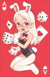 Rule 34 | 1girl, animal ears, animal hands, bare shoulders, black leotard, bow, card, dice, earrings, finger to mouth, full body, glasses, gloves, highres, jewelry, leotard, long hair, no shoes, open mouth, original, pantyhose, paw gloves, playboy bunny, playing card, rabbit ears, rabbit girl, rabbit tail, red background, red bow, red eyes, sitting, solo, stud earrings, syrupmelty, tail, tareme, wariza, white hair, white pantyhose