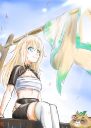 Rule 34 | 1girl, bandages, bandeau, black shorts, blonde hair, blue sky, breasts, cleavage, commentary request, day, feet out of frame, green eyes, hair between eyes, highres, hololive, holox, kazama iroha, leaf, leaf on head, long hair, midriff, mukago, outdoors, pokobee, sarashi, short sleeves, shorts, shrug (clothing), sitting, sky, small breasts, smile, solo, strapless, tanuki, thighhighs, tube top, virtual youtuber, white thighhighs