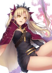 Rule 34 | 1girl, :d, absurdres, black panties, blonde hair, cape, earrings, enosan, ereshkigal (fate), fate/grand order, fate (series), gold trim, hair ribbon, highres, jewelry, long hair, looking at viewer, open mouth, panties, red cape, red ribbon, revision, ribbon, skull, smile, solo, thighs, tiara, tohsaka rin, twintails, two side up, underwear, weapon, yellow eyes