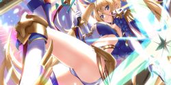Rule 34 | 1girl, blonde hair, blue eyes, boots, bradamante (fate), bradamante (third ascension) (fate), breasts, energy barrier, energy shield, fate/grand order, fate (series), from below, gloves, highres, holding, holding weapon, jacket, jacket on shoulders, knee boots, large breasts, smile, solo, tsuuhan, twintails, weapon, white gloves