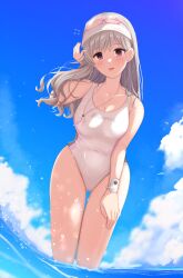 Rule 34 | 1girl, blue sky, cloud, collarbone, competition swimsuit, grey hair, hand on own thigh, highres, idolmaster, idolmaster shiny colors, leaning forward, long hair, looking at viewer, namidako, official alternate costume, one-piece swimsuit, purple eyes, sky, solo, standing, swimsuit, thigh gap, visor cap, wading, water, whistle, whistle around neck, white one-piece swimsuit, wristband, yukoku kiriko
