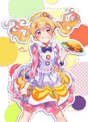Rule 34 | 1girl, aikatsu!, aikatsu! (series), alternate hairstyle, apron, blonde hair, blush, broccoli, brown eyes, commentary request, cowboy shot, dress, english text, floating hair, food, food on face, frills, fuji fujino, hair between eyes, headdress, heart, holding, holding spoon, holding tray, hoshimiya ichigo, long hair, looking at viewer, omelet, omurice, partial commentary, smile, solo, spoon, tomato, tongue, tongue out, tray, twintails, waitress