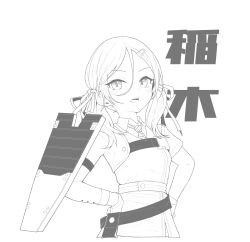 Rule 34 | 1girl, absurdres, arm warmers, character name, gloves, greyscale, hair between eyes, hair ornament, hair ribbon, hairclip, hands on own hips, highres, inagi (kancolle), kantai collection, kukurus, looking at viewer, monochrome, necktie, open mouth, ribbon, rigging, short sleeves, simple background, single arm warmer, solo, twintails, upper body