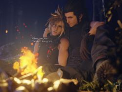 Rule 34 | 2boys, 3d, bare shoulders, belt, black hair, blonde hair, blue eyes, blue pants, blue shirt, boots, brown gloves, campfire, cloud strife, earrings, emy-san, final fantasy, final fantasy vii, final fantasy vii remake, gloves, grass, hair between eyes, hair slicked back, hand on another&#039;s head, highres, jewelry, male focus, multiple boys, pants, scar, scar on face, shirt, single earring, sitting, sleeveless, sleeveless turtleneck, square enix, suspenders, turtleneck, yaoi, zack fair