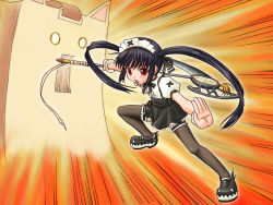 Rule 34 | 1girl, black hair, fighting stance, glave, kooh, long hair, non-web source, pangya, papel, red eyes, scythe, solo, stance, thighhighs, twintails, waitress