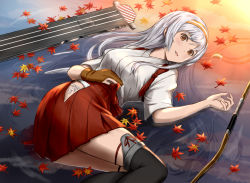 Rule 34 | 10s, 1girl, afloat, bad id, bad pixiv id, bow (weapon), brown eyes, hairband, japanese clothes, kantai collection, leaf, long hair, maple leaf, open mouth, panties, shoukaku (kancolle), shoukaku kai ni (kancolle), side-tie panties, silver hair, solo, thighhighs, underwear, usami (ym1989), weapon