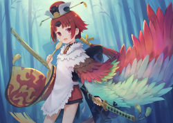 Rule 34 | 104, 1girl, :d, backlighting, benienma (fate), benienma (third ascension) (fate), blonde hair, blush, commentary request, cowboy shot, day, fate/grand order, fate (series), feathered wings, feathers, hat, holding, holding spoon, holding sword, holding weapon, japanese clothes, katana, legs apart, long hair, long sleeves, looking at viewer, multicolored hair, open mouth, parted bangs, red eyes, red hair, sheath, sheathed, sidelocks, smile, solo, spoon, standing, sword, thighs, two-tone hair, very long hair, weapon, wide sleeves, wings
