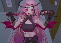 Rule 34 | 1girl, bare shoulders, baseball bat, blush, breasts, character name, commentary, delinquent, demon wings, english commentary, fang, flower, foxtrot (foxtrotfridays), halo, highres, holding, holding baseball bat, long hair, looking at viewer, midriff, multicolored hair, navel, nijisanji, nijisanji en, open mouth, pink hair, red eyes, red flower, red rose, rose, rosemi lovelock, rosemi lovelock (4th costume), small breasts, solo, streaked hair, sukeban, thorns, very long hair, wings