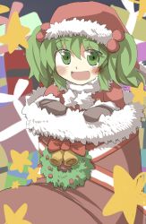 Rule 34 | 1girl, bell, blush, bow, christmas, christmas stocking, gaoo (frpjx283), gift, giving, gloves, green eyes, green hair, hair bobbles, hair ornament, hat, highres, kisume, red bow, ribbon, santa costume, santa gloves, santa hat, smile, star (symbol), christmas stocking, touhou, two side up, wreath