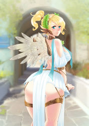 Rule 34 | 1girl, ass, blonde hair, blue eyes, breasts, cleavage, covered erect nipples, feathered wings, highres, leaning forward, looking at viewer, looking back, menhou, mercy (overwatch), official alternate costume, overwatch, overwatch 1, panties, pantyshot, pout, sideboob, solo, thigh strap, underwear, winged victory mercy, wings