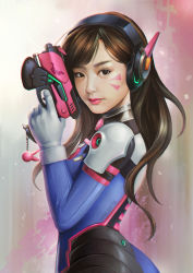 Rule 34 | 1girl, animal print, artist name, bodysuit, breasts, brown eyes, brown hair, charm (object), d.va (overwatch), facepaint, facial mark, finger on trigger, from side, gloves, gun, handgun, headphones, high collar, highres, holding, holding gun, holding weapon, long hair, looking at viewer, looking to the side, medium breasts, overwatch, overwatch 1, pilot suit, pink background, pink lips, pistol, rabbit print, realistic, ribbed bodysuit, shoulder pads, signature, skin tight, solo, striped, striped background, swept bangs, upper body, vania marita, vertical stripes, weapon, whisker markings, white gloves