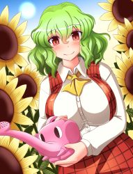 Rule 34 | 1girl, ascot, bad id, bad pixiv id, blush, breasts, curly hair, female focus, flower, green hair, kazami yuuka, large breasts, looking at viewer, nature, red eyes, shin&#039;en (gyokuro company), shirt, short hair, smile, solo, sunflower, touhou, upper body, vest, watering can, white shirt