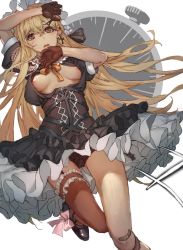 Rule 34 | 1girl, areola slip, bad id, bad pixiv id, bandages, black footwear, black panties, blonde hair, bow, breasts, brown eyes, brown gloves, brown thighhighs, cowboy shot, cross, cross earrings, earrings, frilled skirt, frills, girls&#039; frontline, gloves, hair ornament, hairclip, highres, jewelry, long hair, looking at viewer, panties, pink bow, ppk (girls&#039; frontline), shoes, single thighhigh, skirt, small breasts, solo, stopwatch, thighhighs, underwear, watch, white background, white skirt, xiaochaibao