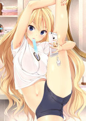 Rule 34 | 1girl, amasora taichi, arm up, armpit peek, armpits, bike shorts, blonde hair, blue eyes, blush, breasts, cameltoe, cellphone, cellphone charm, cellphone strap, charm (object), female focus, flexible, highres, large breasts, leg up, long hair, mirror, mouth hold, navel, original, phone, selfie, shirt, smartphone, solo, standing, standing on one leg, stretching, t-shirt