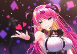 Rule 34 | 1girl, asymmetrical horns, bare shoulders, blonde hair, blush, breasts, chest harness, colored inner hair, confetti, curled horns, demon horns, green eyes, hair between eyes, hair ornament, harness, headphones, headphones around neck, heart, highres, hololive, horns, large breasts, long hair, looking at viewer, mano aloe, multicolored hair, nail polish, pink hair, pointy ears, purple nails, reaching, reaching towards viewer, shimapanne, sleeveless, smile, solo, two-tone hair, uneven horns, virtual youtuber, wrist cuffs