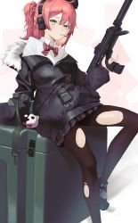 Rule 34 | 1girl, absurdres, ahoge, beret, candy, clothes pull, food, girls&#039; frontline, gun, h&amp;k mp7, hat, highres, hood, hooded jacket, jacket, jacket pull, lollipop, medium hair, mp7 (girls&#039; frontline), nail polish, pantyhose, pleated skirt, red hair, red nails, saturndxy, side ponytail, skirt, solo, submachine gun, suppressor, torn clothes, torn pantyhose, trigger discipline, weapon, yellow eyes
