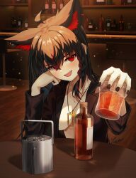 Rule 34 | 1girl, absurdres, ahoge, alcohol, animal ear fluff, animal ears, arm support, bar (place), bar stool, black hair, black jacket, black nails, blush, bottle, braid, breasts, cup, drink, fang, fox ears, glass, hair between eyes, hair over one eye, head rest, head tilt, highres, holding, holding cup, hololive, ice, ice cube, indoors, jacket, jewelry, kurokami fubuki, long hair, long sleeves, lying, medium breasts, multicolored hair, nagae yama, nail polish, naked jacket, open clothes, open jacket, open mouth, pendant, red eyes, red hair, side braid, signature, sitting, smile, solo, stool, streaked hair, table, teeth, upper body, virtual youtuber, wooden floor