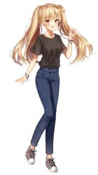 Rule 34 | 1girl, absurdres, black shirt, blonde hair, blue pants, blush, bracelet, brown eyes, collarbone, denim, floating hair, full body, highres, jewelry, lium, long hair, looking at viewer, open mouth, original, pants, shirt, shoes, short sleeves, simple background, sneakers, solo, standing, twintails, very long hair, white background