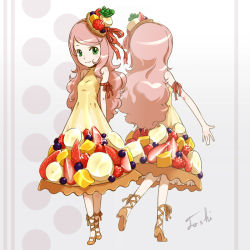 Rule 34 | 1girl, borrowed character, dress, face, food-themed clothes, fruit tart, green eyes, long hair, original, personification, pink hair, ribbon, smile, solo, tart (food), toshi punk